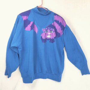 Ooak Vintage 90s Cheshire Cat Hand Painted Sweatshirt Turtleneck Shoulder Pads L